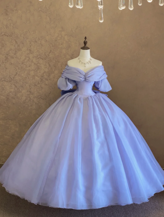 Vintage Lavender Off Shoulder Ball Gown Prom Dress Ruched Bubble Short Sleeve Boned Corset Bodice Giant Back Bow with 3D Rose AD976