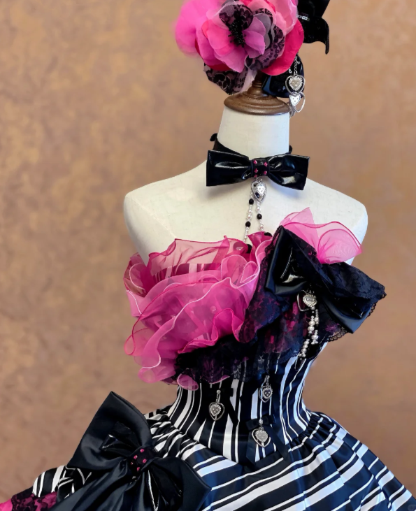 Edgy Sweet Black White Vertical Stripe Strapless Ball Gown Prom Dress Hot Pink Ruffle Organza Neck Lace Trim Giant Black Satin Bows Multi-Tier Pink Skirt AD977