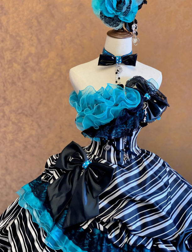Edgy Sweet Black White Vertical Stripe Strapless Ball Gown Prom Dress Hot Pink Ruffle Organza Neck Lace Trim Giant Black Satin Bows Multi-Tier Pink Skirt AD977