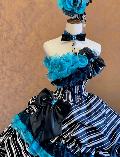 Edgy Sweet Black White Vertical Stripe Strapless Ball Gown Prom Dress Hot Pink Ruffle Organza Neck Lace Trim Giant Black Satin Bows Multi-Tier Pink Skirt AD977