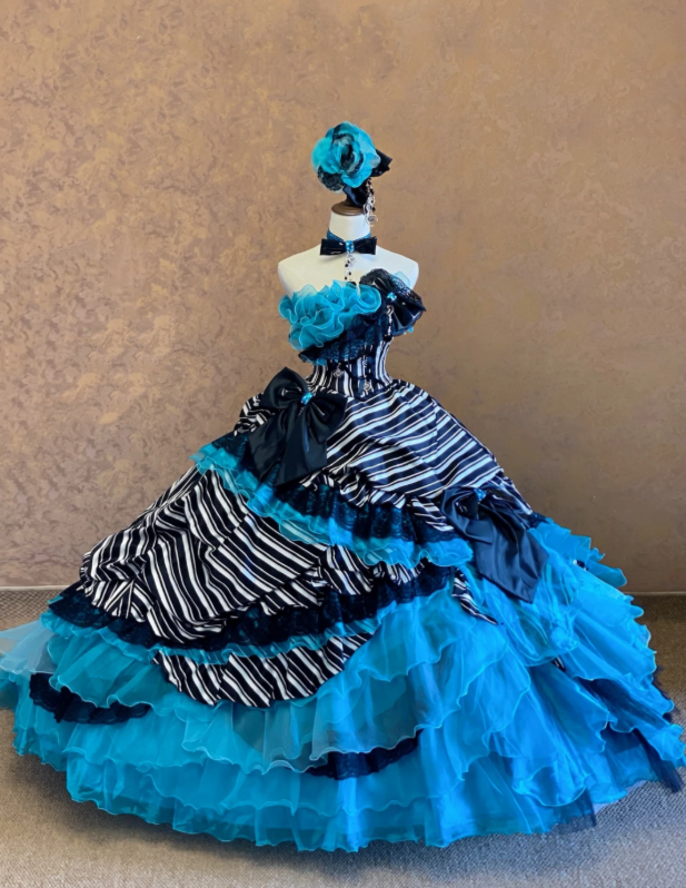 Edgy Sweet Black White Vertical Stripe Strapless Ball Gown Prom Dress Hot Pink Ruffle Organza Neck Lace Trim Giant Black Satin Bows Multi-Tier Pink Skirt AD977