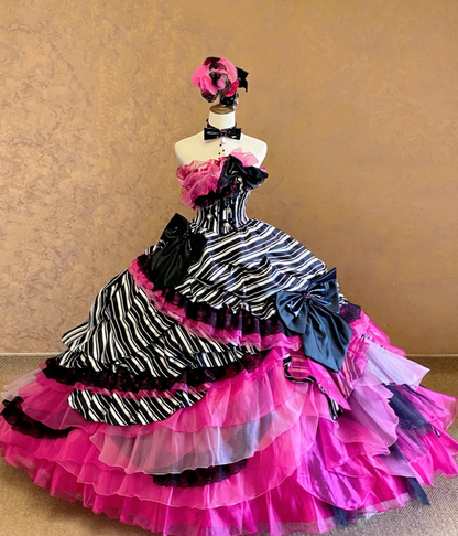 Edgy Sweet Black White Vertical Stripe Strapless Ball Gown Prom Dress Hot Pink Ruffle Organza Neck Lace Trim Giant Black Satin Bows Multi-Tier Pink Skirt AD977