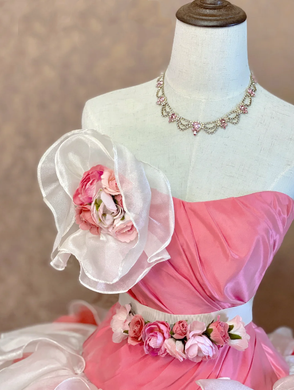 Romantic Pink Strapless Ball Gown Prom Dress With Giant 3D Rose Floral,Asymmetrical White Multi-Layer Organza Ruffle And Chapel Train AD978