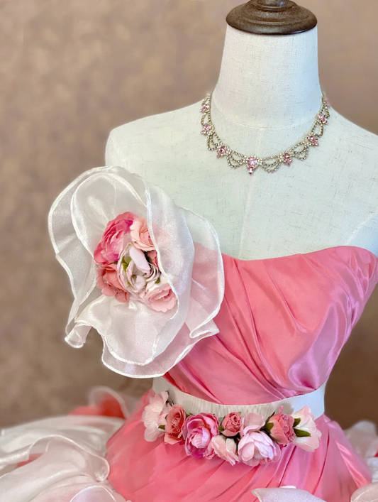 Romantic Pink Strapless Ball Gown Prom Dress With Giant 3D Rose Floral,Asymmetrical White Multi-Layer Organza Ruffle And Chapel Train AD978