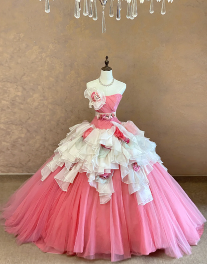 Romantic Pink Strapless Ball Gown Prom Dress With Giant 3D Rose Floral,Asymmetrical White Multi-Layer Organza Ruffle And Chapel Train AD978