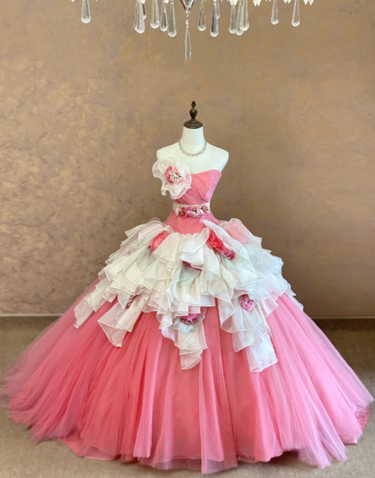 Romantic Pink Strapless Ball Gown Prom Dress With Giant 3D Rose Floral,Asymmetrical White Multi-Layer Organza Ruffle And Chapel Train AD978