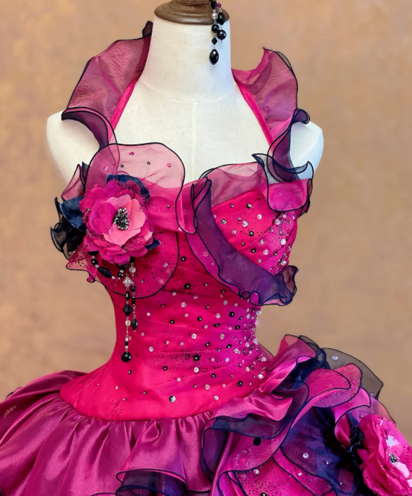 Vibrant Fuchsia Halter Ruffle Ball Gown Prom Dress With Rhinestone Detail,Purple Navy Organza Ruffle,3D Rose And Sweep Train AD979