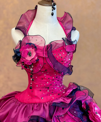 Vibrant Fuchsia Halter Ruffle Ball Gown Prom Dress With Rhinestone Detail,Purple Navy Organza Ruffle,3D Rose And Sweep Train AD979