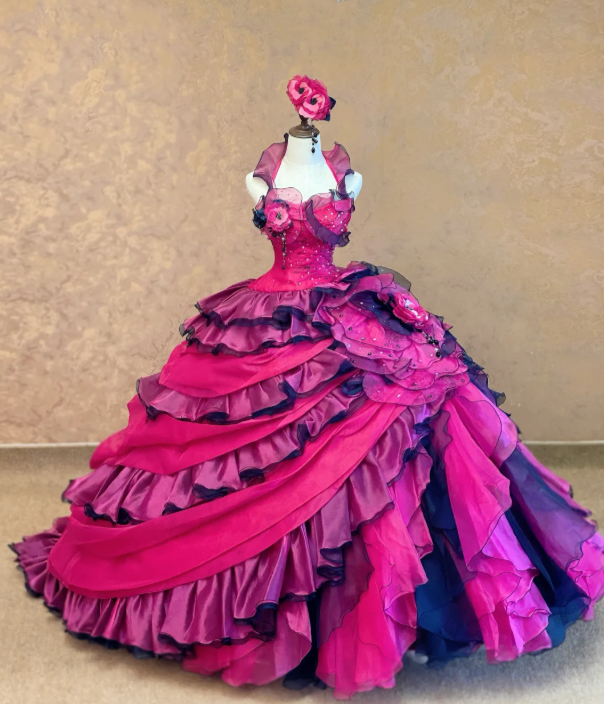 Vibrant Fuchsia Halter Ruffle Ball Gown Prom Dress With Rhinestone Detail,Purple Navy Organza Ruffle,3D Rose And Sweep Train AD979