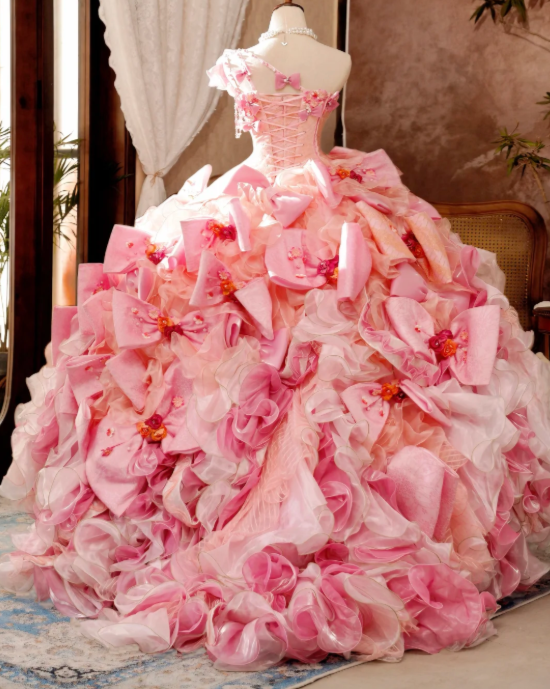 Whimsical Pink Orange One Shoulder Ball Gown Prom Dress With Multi-Tier Oversized Matching Satin Bows AD980