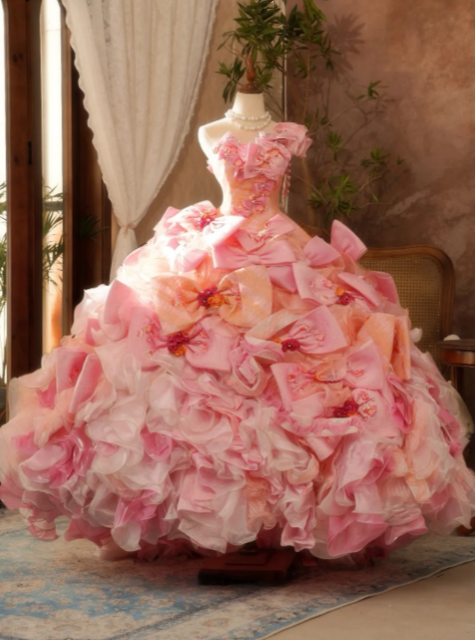 Whimsical Pink Orange One Shoulder Ball Gown Prom Dress With Multi-Tier Oversized Matching Satin Bows AD980