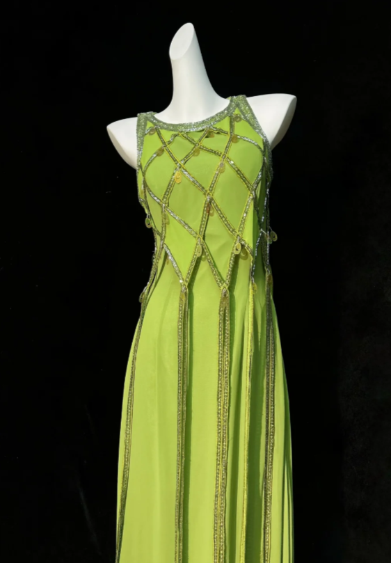 Luminous Green Sleeveless Round Neck Beaded A Line Long Prom Dress AD981