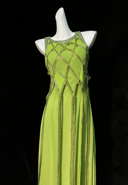 Luminous Green Sleeveless Round Neck Beaded A Line Long Prom Dress AD981