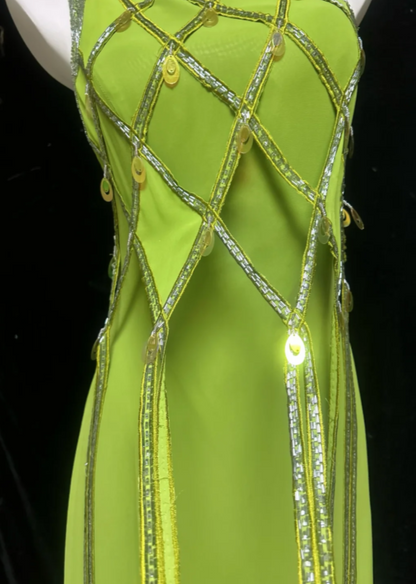 Luminous Green Sleeveless Round Neck Beaded A Line Long Prom Dress AD981