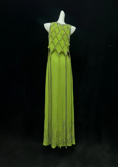 Luminous Green Sleeveless Round Neck Beaded A Line Long Prom Dress AD981