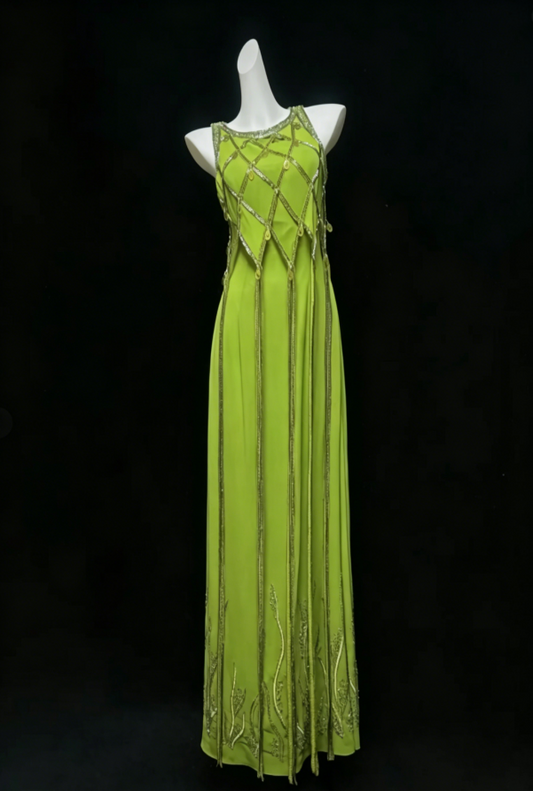 Luminous Green Sleeveless Round Neck Beaded A Line Long Prom Dress AD981