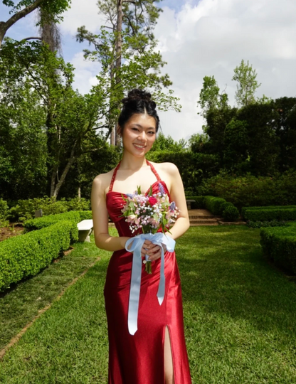 Rich Bright Red Rhinestone Halter Strap Twisted Plunge Sweetheart Hollow Cutout Ruched Satin High Side Slit Mermaid Long Prom Dress AD982