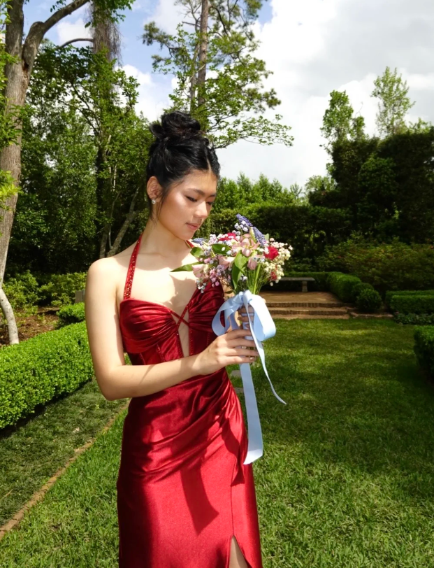 Rich Bright Red Rhinestone Halter Strap Twisted Plunge Sweetheart Hollow Cutout Ruched Satin High Side Slit Mermaid Long Prom Dress AD982