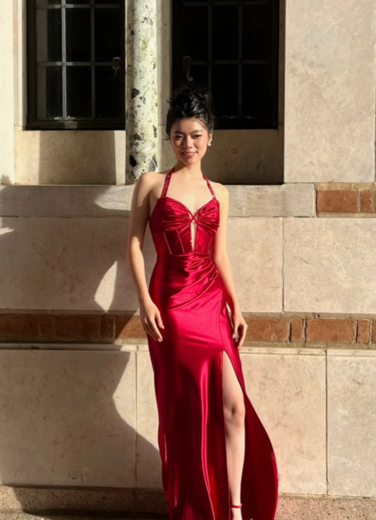 Rich Bright Red Rhinestone Halter Strap Twisted Plunge Sweetheart Hollow Cutout Ruched Satin High Side Slit Mermaid Long Prom Dress AD982
