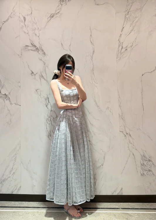 Chic Soft Dusty Blue Wide Straps Square Neck Grid Sheer Mesh Corset Bodice A Line Long Prom Dress AD983