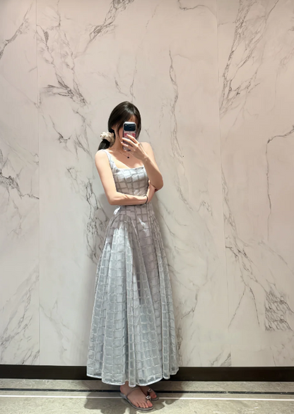 Chic Soft Dusty Blue Wide Straps Square Neck Grid Sheer Mesh Corset Bodice A Line Long Prom Dress AD983