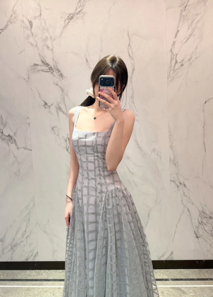 Chic Soft Dusty Blue Wide Straps Square Neck Grid Sheer Mesh Corset Bodice A Line Long Prom Dress AD983