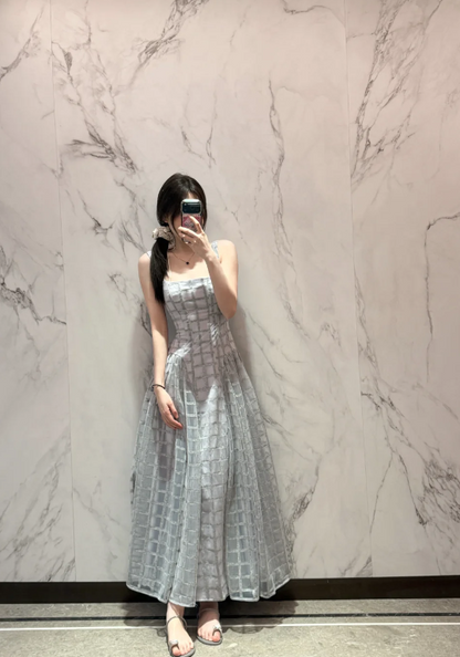 Chic Soft Dusty Blue Wide Straps Square Neck Grid Sheer Mesh Corset Bodice A Line Long Prom Dress AD983