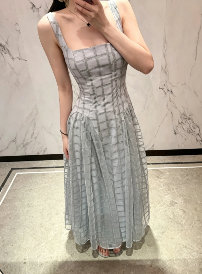 Chic Soft Dusty Blue Wide Straps Square Neck Grid Sheer Mesh Corset Bodice A Line Long Prom Dress AD983