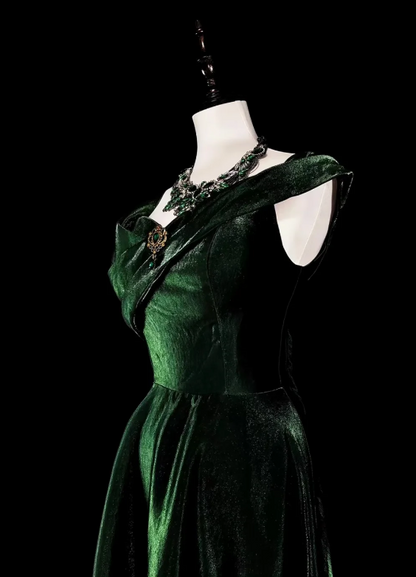 Rich Deep Emerald Green Off Shoulder Glitter Satin A-Line Long Prom Dress With Vintage Brooch Pin AD984