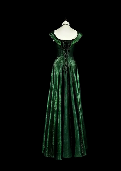 Rich Deep Emerald Green Off Shoulder Glitter Satin A-Line Long Prom Dress With Vintage Brooch Pin AD984