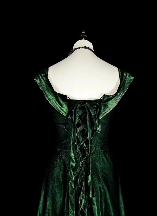 Rich Deep Emerald Green Off Shoulder Glitter Satin A-Line Long Prom Dress With Vintage Brooch Pin AD984