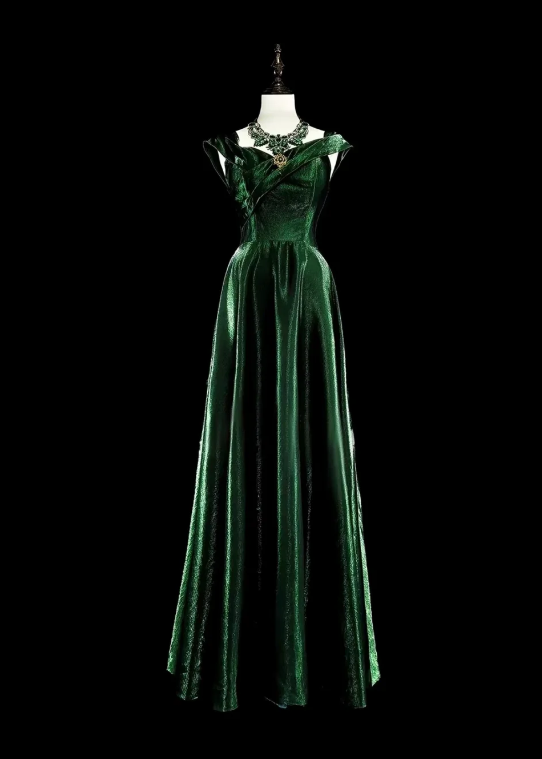Rich Deep Emerald Green Off Shoulder Glitter Satin A-Line Long Prom Dress With Vintage Brooch Pin AD984