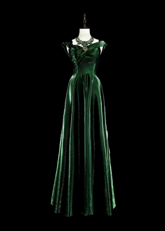 Rich Deep Emerald Green Off Shoulder Glitter Satin A-Line Long Prom Dress With Vintage Brooch Pin AD984