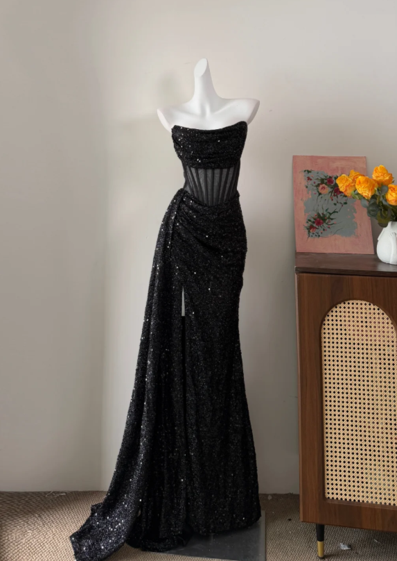 Luxuriant Champagne Gold Strapless Ruched Sparkle Sequin High Slit Mermaid Long Prom Dress AD985