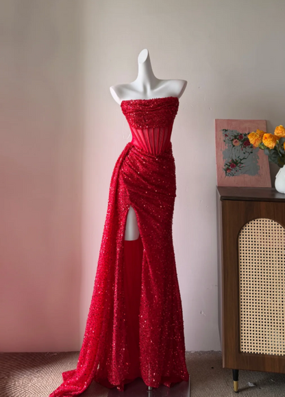 Luxuriant Champagne Gold Strapless Ruched Sparkle Sequin High Slit Mermaid Long Prom Dress AD985