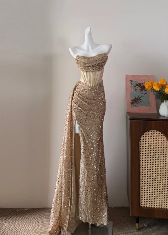 Luxuriant Champagne Gold Strapless Ruched Sparkle Sequin High Slit Mermaid Long Prom Dress AD985