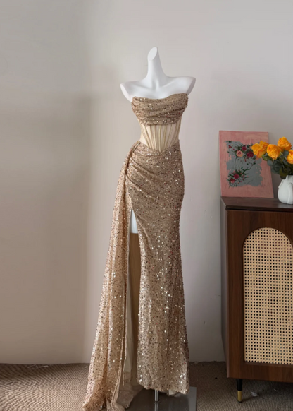 Luxuriant Champagne Gold Strapless Ruched Sparkle Sequin High Slit Mermaid Long Prom Dress AD985