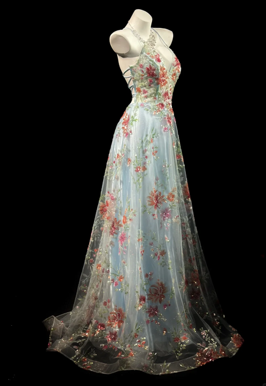 Dreamy Sky Blue Spaghetti Straps Plunge Deep V Neck Pink Handmade Sequin Floral Accent Sheer Tulle A-Line Long Prom Dress AD986