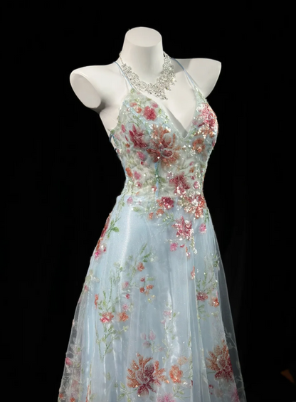 Dreamy Sky Blue Spaghetti Straps Plunge Deep V Neck Pink Handmade Sequin Floral Accent Sheer Tulle A-Line Long Prom Dress AD986