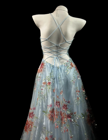Dreamy Sky Blue Spaghetti Straps Plunge Deep V Neck Pink Handmade Sequin Floral Accent Sheer Tulle A-Line Long Prom Dress AD986