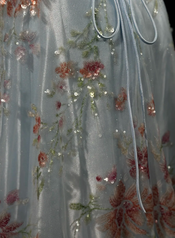 Dreamy Sky Blue Spaghetti Straps Plunge Deep V Neck Pink Handmade Sequin Floral Accent Sheer Tulle A-Line Long Prom Dress AD986