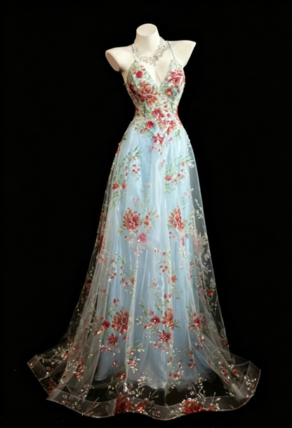 Dreamy Sky Blue Spaghetti Straps Plunge Deep V Neck Pink Handmade Sequin Floral Accent Sheer Tulle A-Line Long Prom Dress AD986