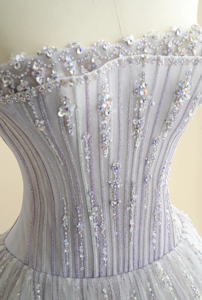 Dreamy Lavender Strapless Rhinestone Sequin Beaded Corset Bodice Tulle A-Line Long Prom Dress AD987