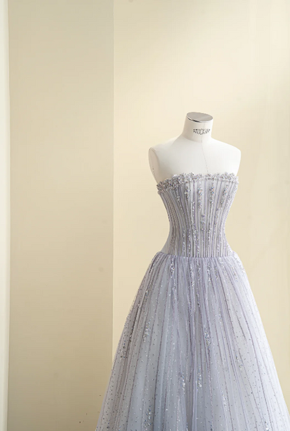 Dreamy Lavender Strapless Rhinestone Sequin Beaded Corset Bodice Tulle A-Line Long Prom Dress AD987
