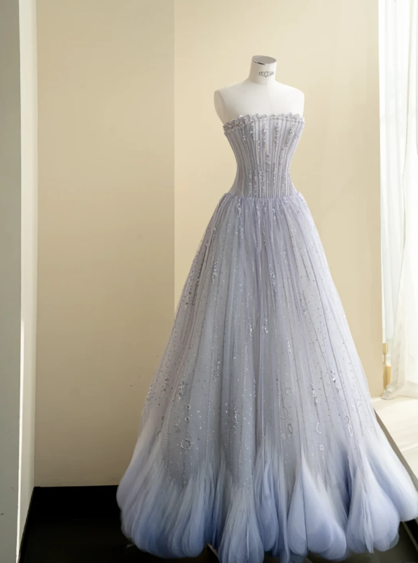 Dreamy Lavender Strapless Rhinestone Sequin Beaded Corset Bodice Tulle A-Line Long Prom Dress AD987