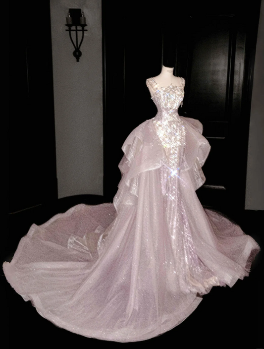 Luxuriant Blush Pink Straps Square Neck Rhinestone Sequin Beaded Layer Ruffle Sheer Tulle Mermaid Prom Dress With Detachable Chapel Train AD988