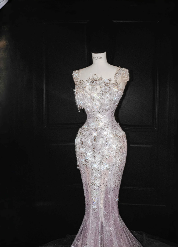 Luxuriant Blush Pink Straps Square Neck Rhinestone Sequin Beaded Layer Ruffle Sheer Tulle Mermaid Prom Dress With Detachable Chapel Train AD988