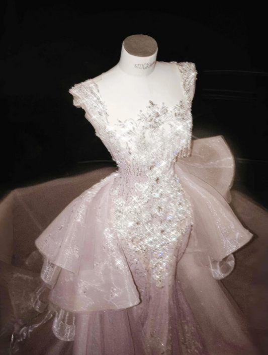 Luxuriant Blush Pink Straps Square Neck Rhinestone Sequin Beaded Layer Ruffle Sheer Tulle Mermaid Prom Dress With Detachable Chapel Train AD988