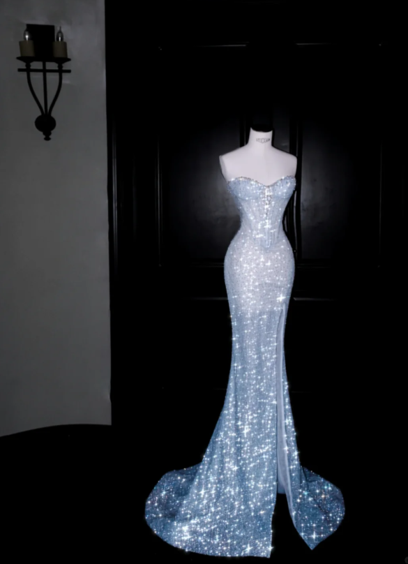 Elaborate Ice Blue Tube Strapless Sweetheart Neck  Sparkle Glitter Mesh Mermaid Prom Dress With Detachable Chapel Train AD989