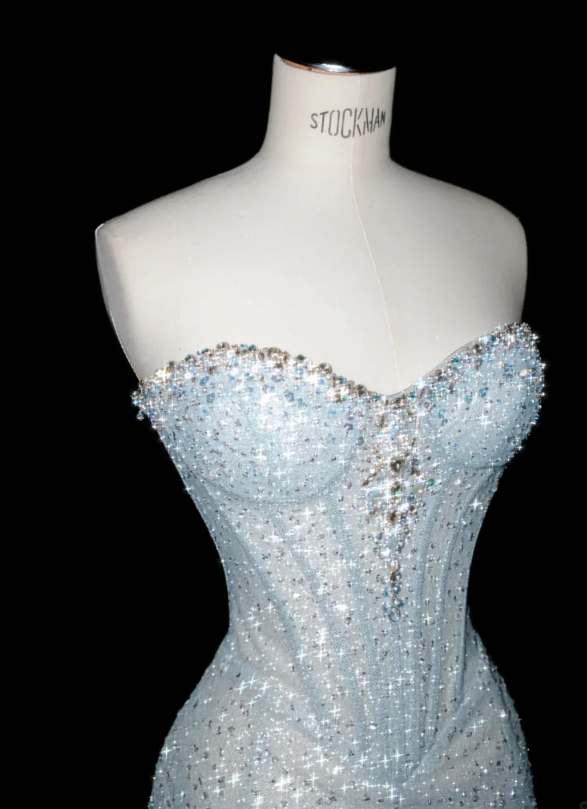 Elaborate Ice Blue Tube Strapless Sweetheart Neck  Sparkle Glitter Mesh Mermaid Prom Dress With Detachable Chapel Train AD989